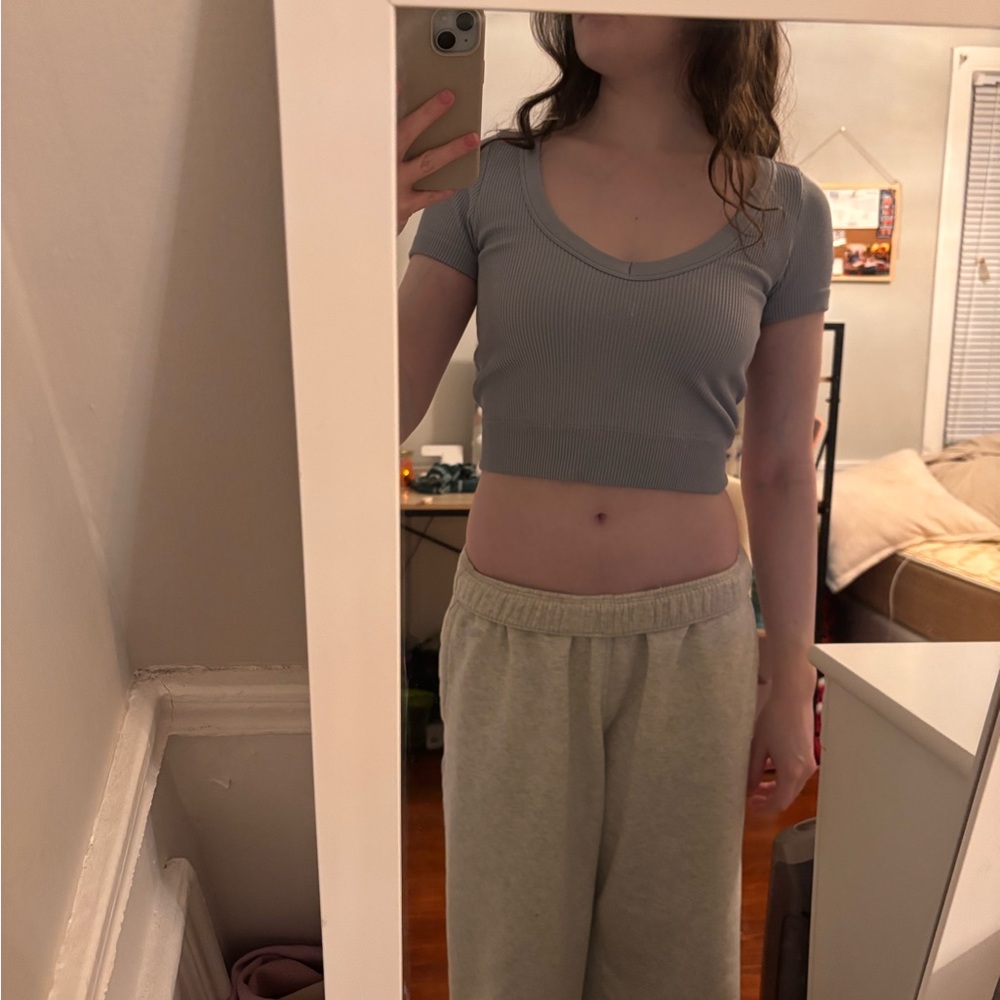 Gray Ribbed V-Neck Crop Top